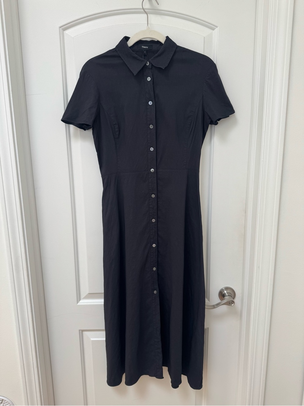 Theory Navy Linen Blend Midi Shirt Dress Short Sleeve - Picture 6 of 12